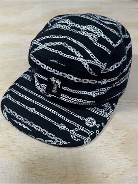 Vintage Stussy Black White Chain All Over Print 5-Panel Hat AOP Skate 8 Rare OS